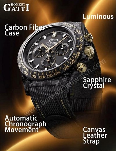 NEW ARRIVAL! BONEST GATTI Carbon Fiber Automatic Chronograph Watch Self Wind Sapphire Crystal BG9010