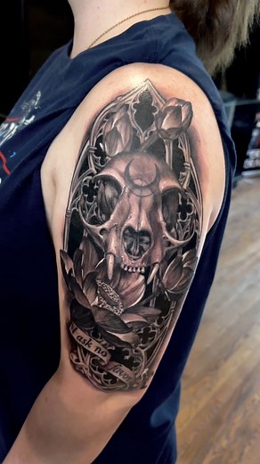 I got to finish this piece today for a fantastic client. Each element holds a deep meaning for her as well as telliny the story of her cats. 🐈 🐱🐈‍⬛ #cattattoo #catsoftiktok #realistictattoo #gothtattoo #floraldesign #catdesign #stl | Jackie Rabbit
