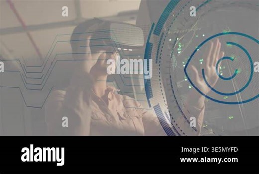 Animation of eye in loading circles over caucasian woman using vr headset in server room. Digital composite, multiple exposure, surveillance, business, progress, data center and technology concept Stock Video Footage - Alamy