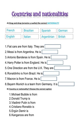 Countries and Nationalities Drag and Drop - Choose worksheet
