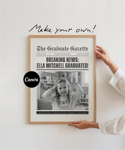 Graduation Announcement (Digital Download) — Personalized Graduation Gifts, Graduation Banner, Custom Graduation Newspaper