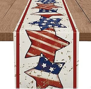 GPGHE 4th of July Table Runner America Flag Stars Stripe Patriotic Table Runners Memorial Day Independence Day Vintage Kitchen Dining Home Party Decor Supply 13x60 Inch