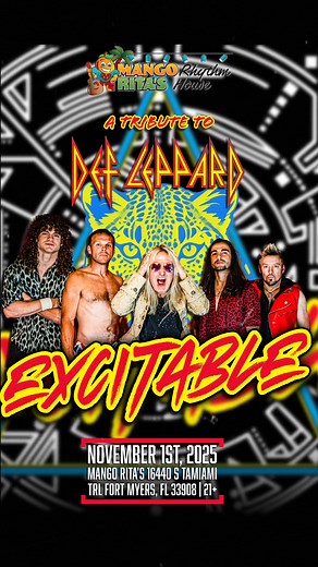 1.8K views · 35 shares | TONIGHT, November 1st - Excitable - The Music of Def Leppard at Mango Rita’s Rhythm House!!! Let's Get Rocked!!! Get Your Tickets: https://bit.ly/4pnfyOm | Mango Rita’s Rhythm House | Facebook