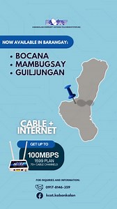 📢 Available na ang KCAT sa Brgy. BOCANA Get up to 100 mbps and 70 cable channels for 1599 only 😉 Apply na! For inquiries and info: Call: 09178146359 Follow us on Facebook: kcat.kabankalan | KCAT