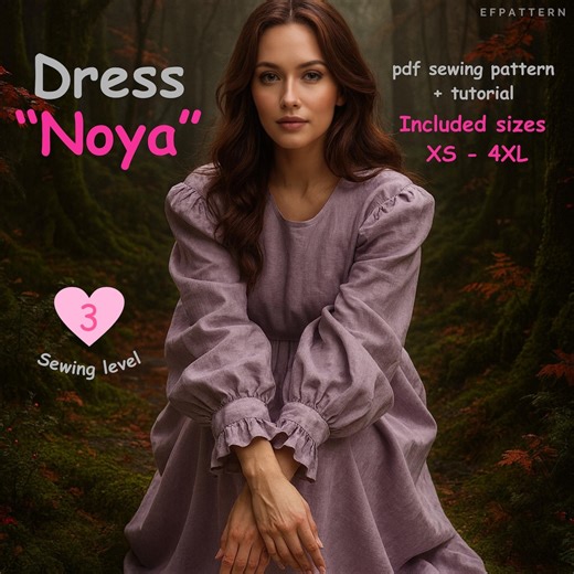 Puff Sleeve Dress PDF Sewing Pattern, Long Sleeve Cottagecore Dress Tutorial, XS–4XL, Romantic Women’s Sewing Pattern Printable - Etsy Australia