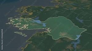 Galway, county with its capital, zoomed and extruded on the relief map of Ireland in the conformal Stereographic projection. Animation 3D