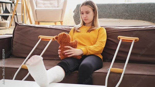 Young girl with broken leg cast sitting on sofa. Sad little kid hugging her teddy bear recovering from broken leg at home. Girl using cast and crutches. Accident injury fracture treatment foot bandage