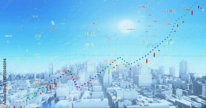 4k growing charts and flowing counters of numbers with symbols of percent,Business digital Data trend Graph,financial figures wall and diagrams showing increasing profits,Stock Market,urban building.