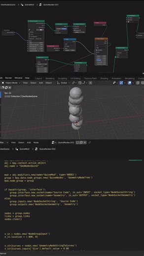 Noland Chaliha on Instagram: "Genuary 11: the fun thing about quines is explaining the Quine so let’s explain this one: blender python creates a series of geometry nodes those nodes create visual representations of the code then the visual representations of the code (the geometry nodes in the render) create noise which is then fed back into the visualizer which then is turned into a self replicating string that sends it back to the blender python. Viola! #genuary"