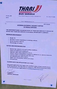 1.9K views | VACANCY: MOBILE DRIVERS X2 REQUIREMENTS ・Grade 10 • At least 3 years experience in driving vehicle. • Driver Licence code C1. • Knowledge of routes. CLOSING DATE FOR APPLICATION: 24/11/2025 Interested applicants must apply with certified copies of their qualifications to HR Department, Thari Bus Service, Stand no 1902, Mothotlung, Brits,0250 or hr3@tharibusservice.co.za #highlightseveryone #books #beauty #viralvideochallenge Internships @topfans | Internships | Facebook