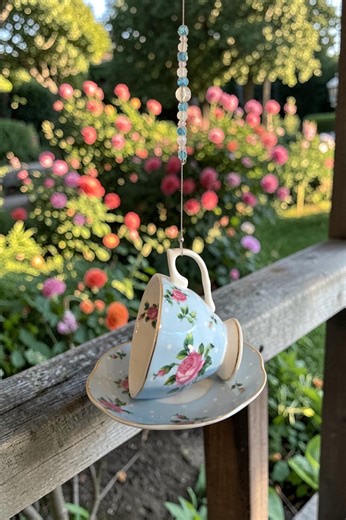 Floral Teacup Bird Feeder, Repurposed Garden Decoration, Beaded Butterfly Accents - Etsy