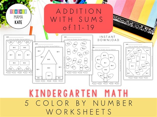Color by Number | Kindergarten Math | Spring Addition With Sums 11-19 | CCSS K.NBT.A.1 | Math Worksheets | Kindergarten Curriculum - Etsy