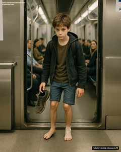 THE BOY STEPPED ONTO THE TRAIN BAREFOOT — AND WALKED AWAY WITH MORE THAN JUST SHOES It was just another quiet subway ride home—until a boy stepped into the car. He looked around fifteen, with messy hair, a worn backpack, and one bare foot. In his hands: a single, tattered sneaker. He sat quietly, pulling his legs close. People noticed—but looked away. Avoided. Stayed silent. Everyone… except the man next to him. He kept glancing at the boy’s feet, then at a shopping bag by his own polished shoes