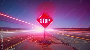 The rest stop sign glows in the midst of a mesmerizing display of car light trails on the empty highway.