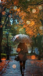 Woman Walking in Autumn Park with Umbrella During Rain Background. Seamless looping motion design. Video animation. A woman walks down a path lined with colorful autumn trees, holding an umbrella