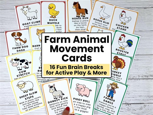 Farm Animal Movement Cards for Kids | Brain Breaks | Gross Motor Activities | Preschool Kindergarten Classroom Game - Etsy
