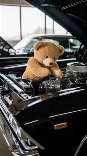 Teddy bear working on the engine of his Chevelle