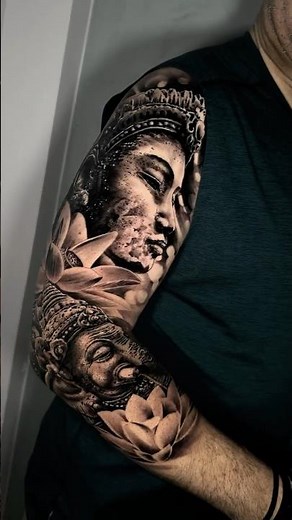 🪷 Buddha Outer Arm Tattoo | Black & Grey Spiritual Sleeve