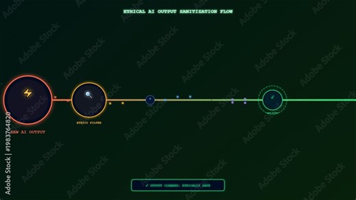A conceptual digital animation demonstrating Ethical AI Oversight as data packets traverse a neon holographic workflow to filter biases and ensure complete algorithmic safety and transparency