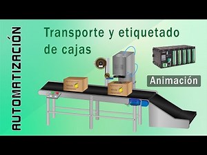 Process to transport and label boxes with PLC | animation