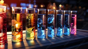 Multi-colored glass flasks and flasks with chemical test tubes in a scientific medical microbiological laboratory with research equipment