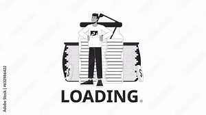 Bank savings account bw loading animation. African american motivated outline 2D cartoon character 4K video loading motion graphic. Personal finances growing animated gif isolated on white background
