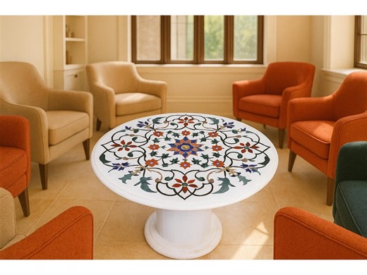 Handmade Marble Coffee Table Top: 36 Inch Round Floral Pietra Dura Accent Tabletop - Etsy
