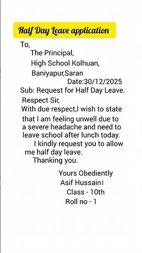 Half Day Leave application।। write an application for half day leave।। write an application in eng