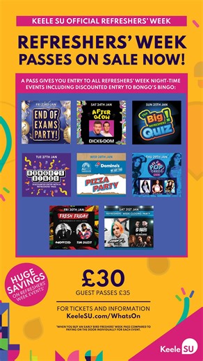 Your Refreshers Line-Up 2026 🤩 Passes on-sale now, individual event tickets available soon 🎟️ 🪩 Fri 23 Jan – End of Exams Party 🚨 Sat 24 Jan – Afterglow (feat. Dick & Dom) ✏️ Sun 25 Jan – The Big Refreshers Quiz 🤑 Tue 27 Jan – Bongos Bingo Refreshers Special (£3 with pass) 🍕 Wed 28 Jan – AUdio Takeover Domino’s Pizza Party 🎤 Thu 29 Jan – Pop Party (feat. Charli XCX, Dua Lipa & Olivia Rodrigo Tribute Acts) 🔥 Fri 30 Jan – Fresh Friday (feat. Not3s & Tim Duzit) 🧑‍🦲 Sat 31 Jan – Refreshers