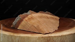 Old Ash tree rings texture close up. Selective focus. Wooden circle stump trunk background from top. Saw cross section cut tree wood trunk rotation. Stock Video