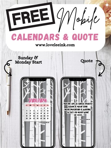 Free mobile wallpapers for January are now available to download and share. Available in three designs, Sunday calendar start, Monday calendar start, and the monthly quote. https://loveleeink.com/blog/blog/2025/12/29/free-mobile-wallpaper-downloads-january-2026/ #January2026 #mobilewallpapers #DownloadAndShare #FreebieAlert #PlannerAddict #smallbusinesscanada #loveleeink