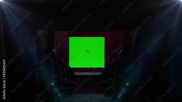 Green screen opener animation. Camera moving between seats in middle of the room and zoom in to cinema screen