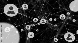 Connected user icons, social media interaction animation over dark background