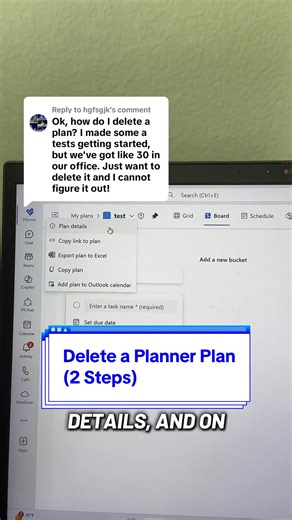 Replying to @hgfsgjk Someone asked how to delete a Planner plan…and it’s not obvious. If you’re cleaning up old projects or reorganizing your Teams, this is how you do it correctly. Save this for later if you manage multiple plans. @Microsoft Teams #MicrosoftTeams #officeorganization #CorporateLife #microsoft