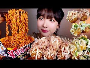 🐙겉바속촉 타코야끼꼬치에🔥불닭볶음면 먹방! 대파마요타코야끼! Takoyaki & Spicy Fire Noodles Mukbang Asmr