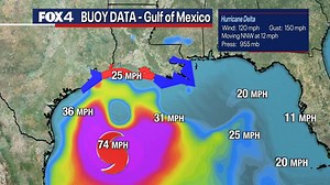 A NOAA buoy just northwest of the eye of Hurricane Delta is experiencing wind gusts close to 100 mph and is reporting 34 foot seas as of 11pm. | FOX 4 Weather