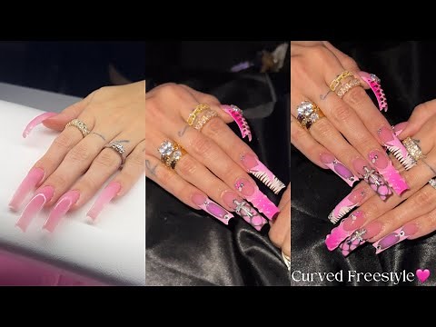 Pink Punk Curved nails🩷 Acrylic nail freestyle + Hand painted art 🩷