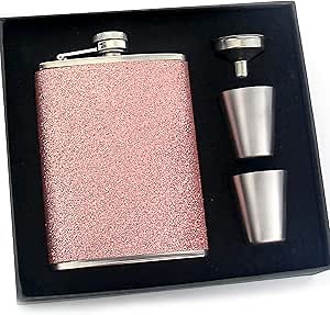 Glitter Bling Pink Flasks for Liquor for Women - 8oz Stainless Steel Leak Proof Flasks, Hip Flask Gift Set Box with Funnel and 2 Wineglass, Girls Pocket Flask Set for Vodka Whisky