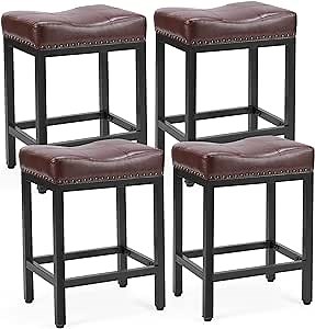 DUMOS Bar Stools Set of 4, 24 inch Counter Height Saddle Stools, Upholstered Modern Kitchen Barstools with Metal Base, PU Leather for Kitchen Island, Brown