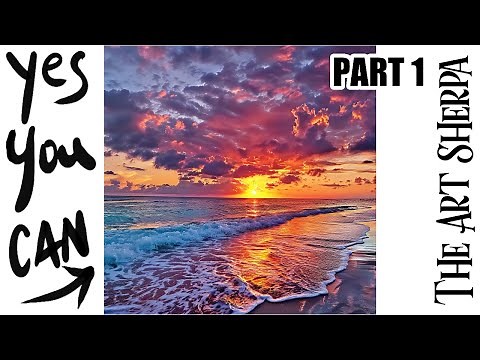 Stunning ocean Sunset clouds beach 🌟🎨 How to paint acrylics for beginners: Part 1