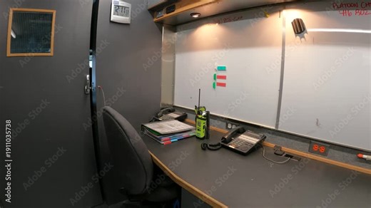 Interior View of a Mobile Command Center Office with Desk, Walkie-Talkie, and Communication Equipment for Emergency Response