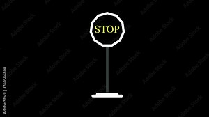 Stop sign moving to the center of frame, stopping for a while than leaving. 3d animation