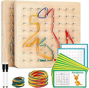 2Pack Wooden geoboards with Rubber Bands Montessori Toys, Mathematical Education Toy for Kids with Pattern Cards and geo Boards to Figures and Shapes, Brain Teaser STEM Toys for Classroom.