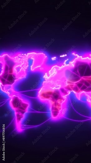 A neon world map glowing in purple light showcases interconnected nodes representing global connectivity. The map highlights continents and ocean boundaries in a futuristic style. The mood is vibrant