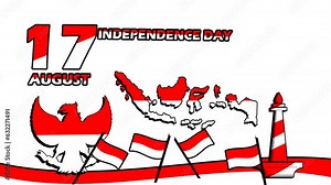 Indonesia independence day video background animation, with national symbol Garuda, Monument national or Monas, indonesia map, flags and ribbon to commemorate Indonesia Independence day on August 17