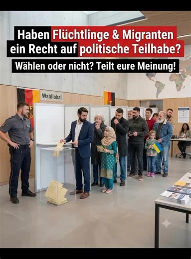 ​Ein wichtiges Thema, das Deutschland bewegt: Sollten Flüchtlinge und Migranten ein politisches Mitbestimmungsrecht haben? Die Meinungen gehen weit auseinander. Was ist eure ehrliche Meinung dazu? Schreibt es sachlich in die Kommentare! 🗳️👇#deutschland #politik #meinung #integration #diskussion