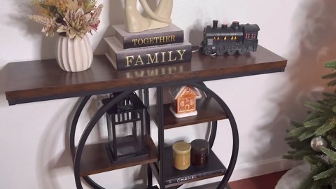 41.3" Console Table for Entryway, Industrial Hallway Sofa Table with Storage Shelves, Narrow Accent Decor Living Room Furniture with Circle Base for Foyer, Entrance, Rustic Brown