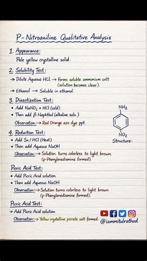 P-Nitroaniline qualitative analysis explained step-by-step 🔬 Learn appearance, solubility test, diazotization (azo dye test), reduction test and picric acid test in an easy exam-oriented way ✍️ Perfect for: ✔️ BSc / MSc Chemistry ✔️ Organic practical exams ✔️ Competitive exams (CSIR-NET, GATE basics) Save 🔖 | Share 📤 | Follow for more chemistry notes 👇 👉 @iammitulrathod 🔍 Keywords : Aromatic primary amine test Diazotization test Azo dye formation Organic chemistry practical #pnitroaniline 