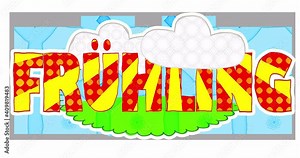 The SPRING sign in German on a transparent background stylized as a child's drawing or cartoon. An endlessly looping creative and entertainment background in vibrant colors.