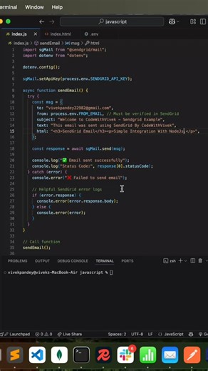 Vivek Pandey on Instagram: "How to Send Emails Using SendGrid in Node.js (Step-by-Step Tutorial) #javascript #nodejs #programming #coding #fullstackdeveloper"